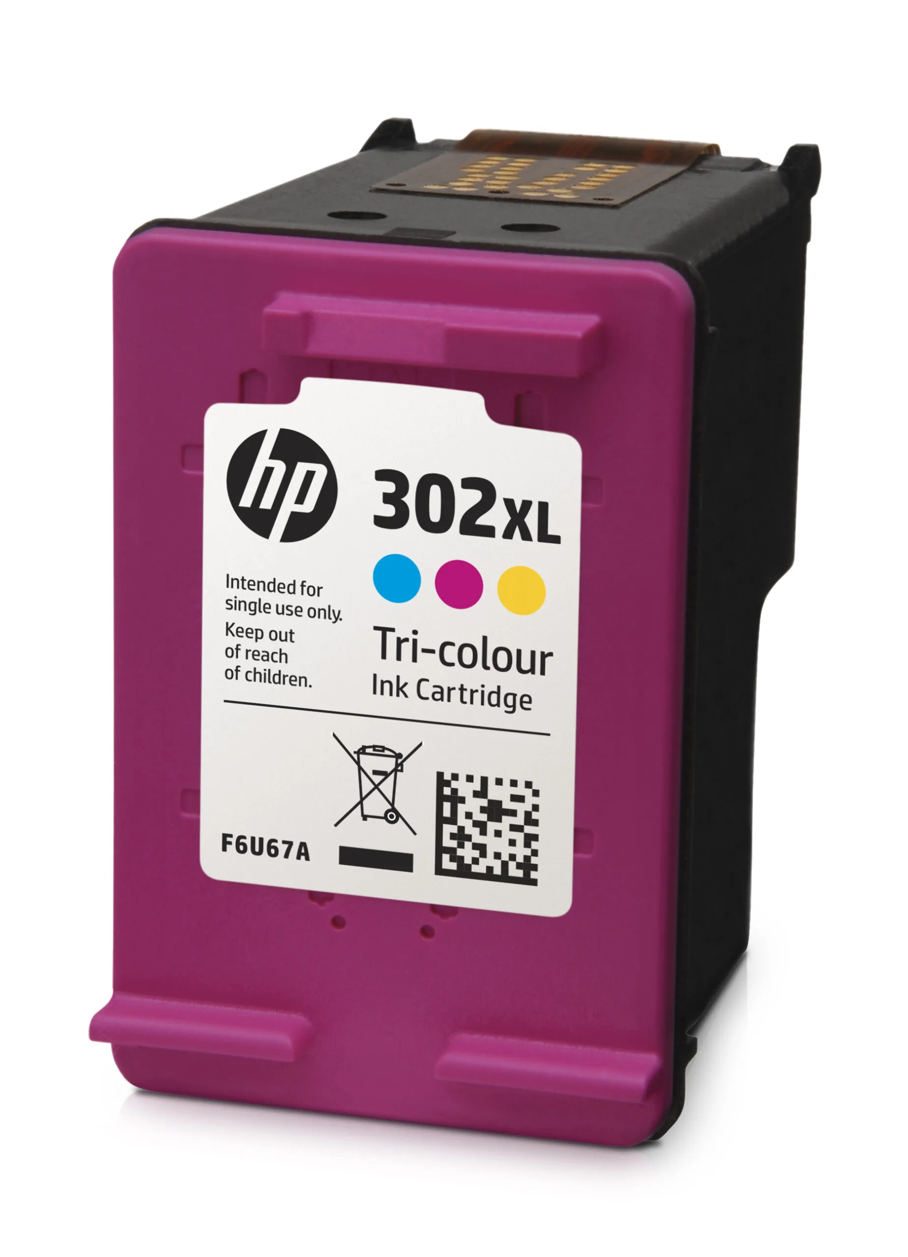 HP 302XL Tri-Color Ink Cartridge, Left Facing.